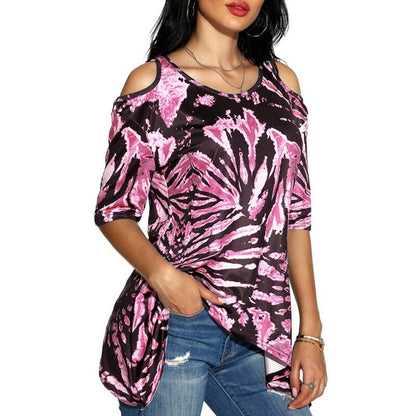 Drop Ship Women Summer Tie-dye Print Leakage Shoulder Tshirt Half Sleeve Women Loose Casual Print Shirts Top Womens Tees