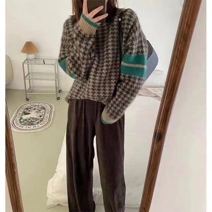Winter new lazy style Japanese retro houndstooth sweater for women, autumn and winter loose design top for women