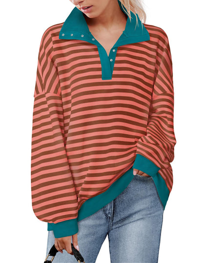 Loose casual lapel button striped sweatshirt for women