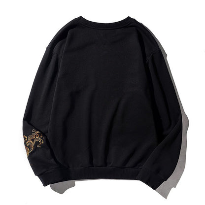 Round neck pullover heavy industry embroidered koi loose large size pure cotton sweatshirt for men