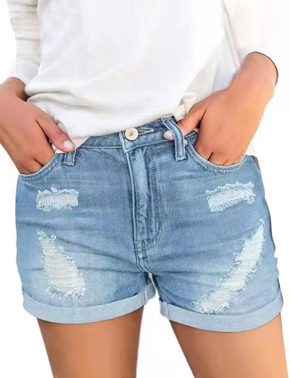 Style Distressed Cuffed Denim Shorts for Women