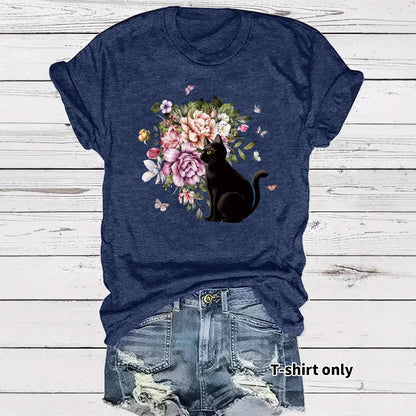Round neck short sleeved t-shirt with lonely cat print