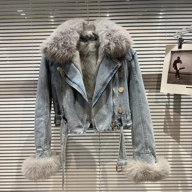 Women Denim Coat  Winer New Fox Fur Collar Rabbit Inner Metal Buckle Zipper Belt High Waist Warm Short Jean Jacket