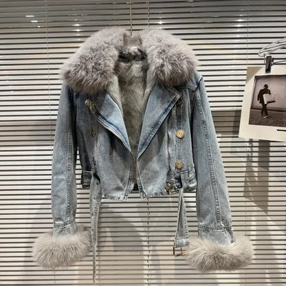 Women Denim Coat  Winer New Fox Fur Collar Rabbit Inner Metal Buckle Zipper Belt High Waist Warm Short Jean Jacket
