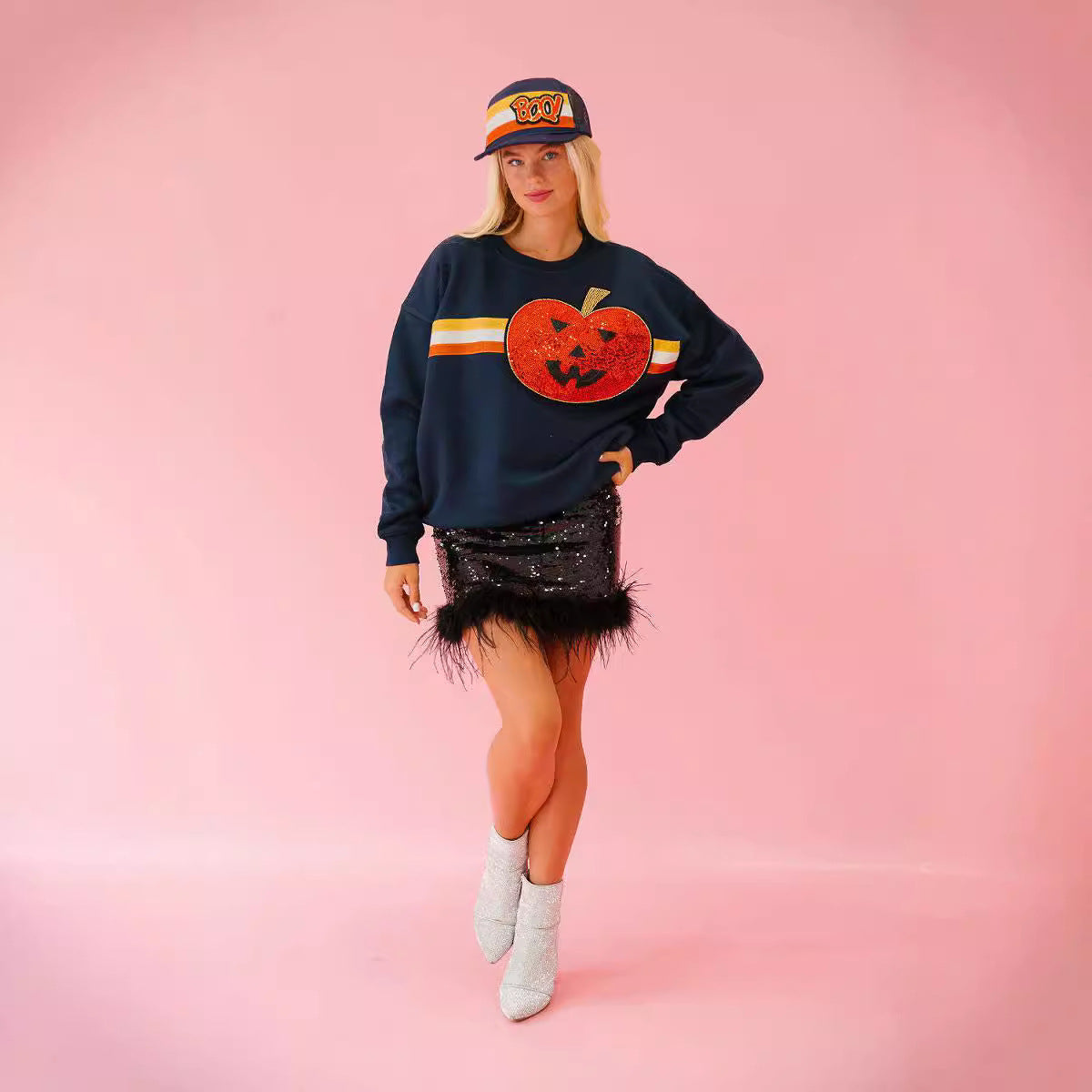 Halloween Element Sequin Long Sleeve Crew Neck Sweatshirt
