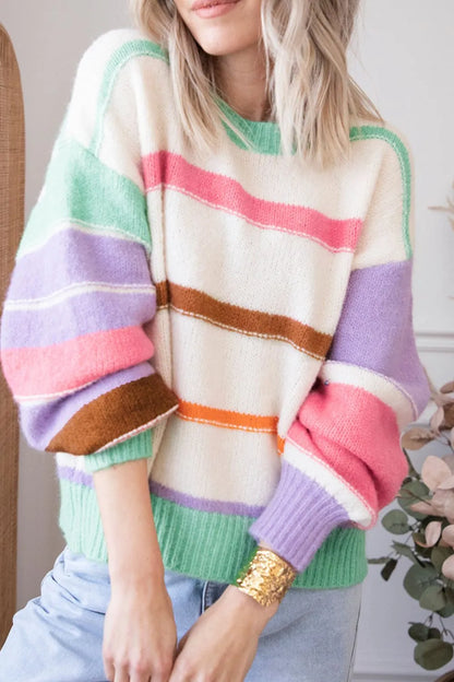 Personalized striped contrasting dopamine shoulder sweater for women