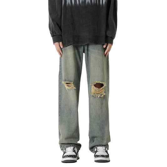 Hole-Designed Straight Leg Jeans for Men