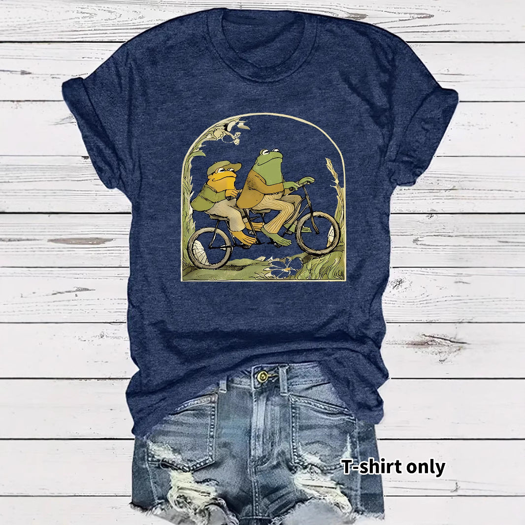 Frog riding bicycle printed short sleeved shirt