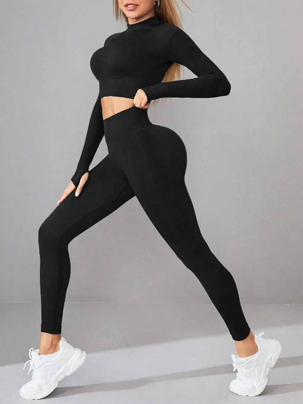 Neck Long Sleeve Top and Leggings Active Set