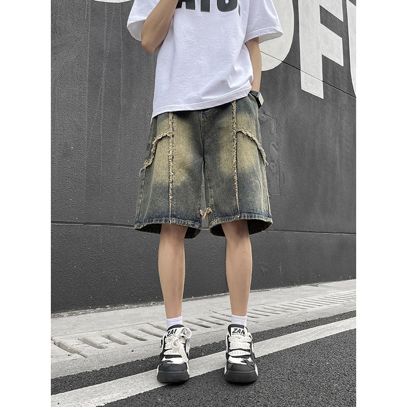 Retro fringed denim shorts for men