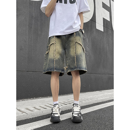 Retro fringed denim shorts for men