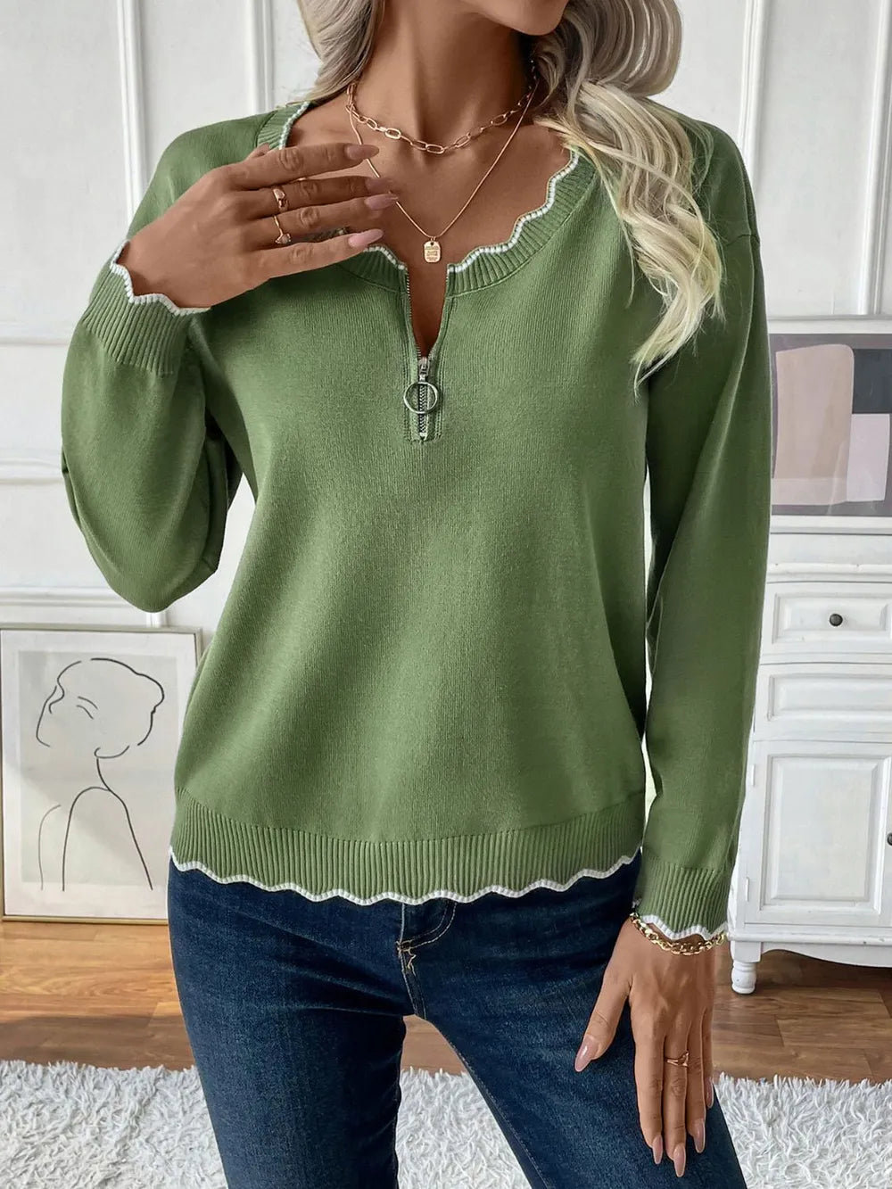 Solid color border open zipper sweater for women