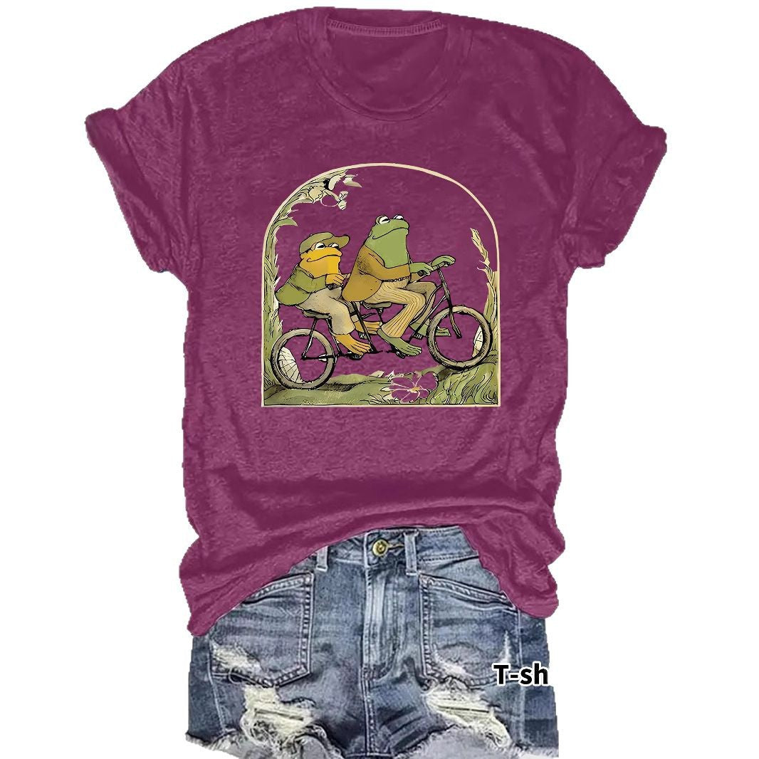 Frog riding bicycle printed short sleeved shirt