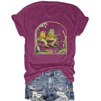 Frog riding bicycle printed short sleeved shirt