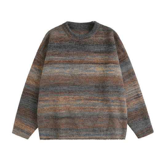 Colorful striped round neck knitted sweater for men loose fit sweater