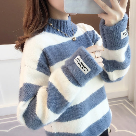 Sweater Women Turtleneck Pullover Jumper Stripe Thick Sweater Imitated Mink Wool Sweater Sweter Women Clothes