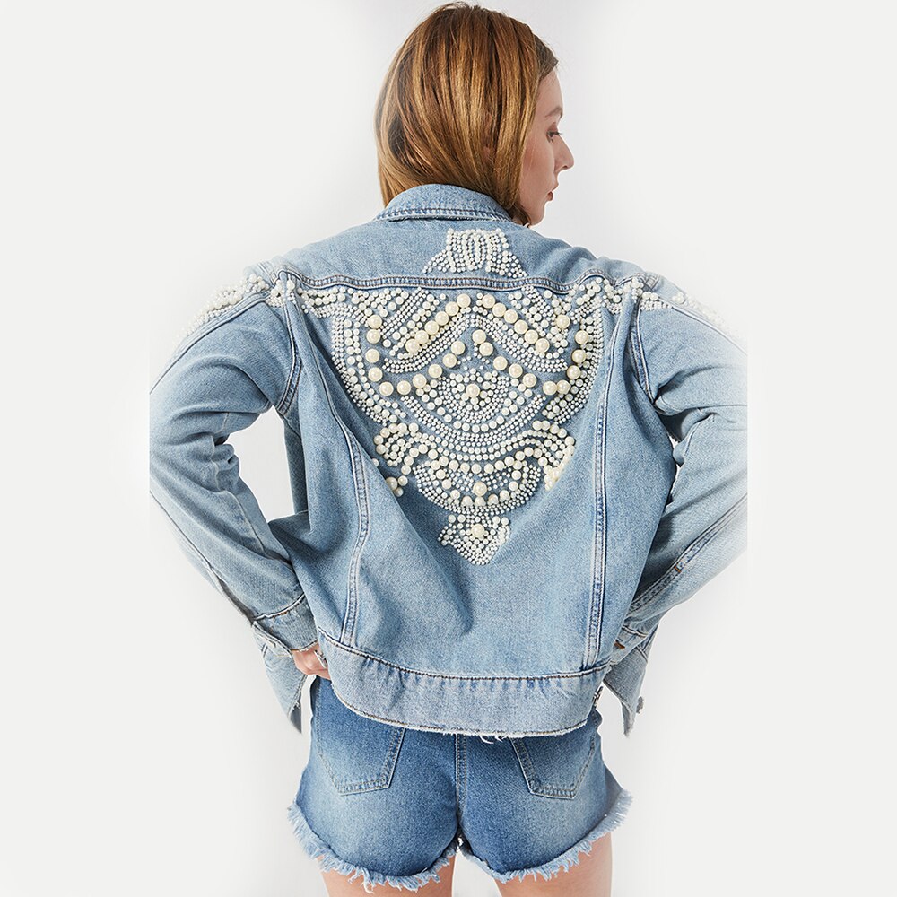 Embroidery Denim Jacket Beading Pattern Jean Jacket Long Sleeve Vintage Pocket Demin Punk Jackets Women Outerwear