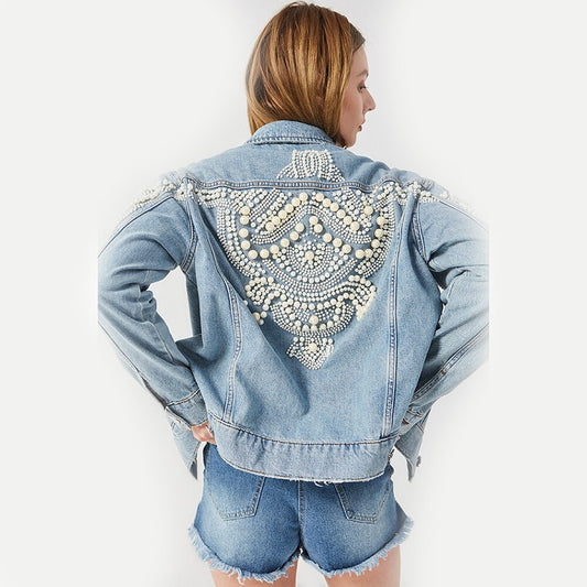 Embroidery Denim Jacket Beading Pattern Jean Jacket Long Sleeve Vintage Pocket Demin Punk Jackets Women Outerwear
